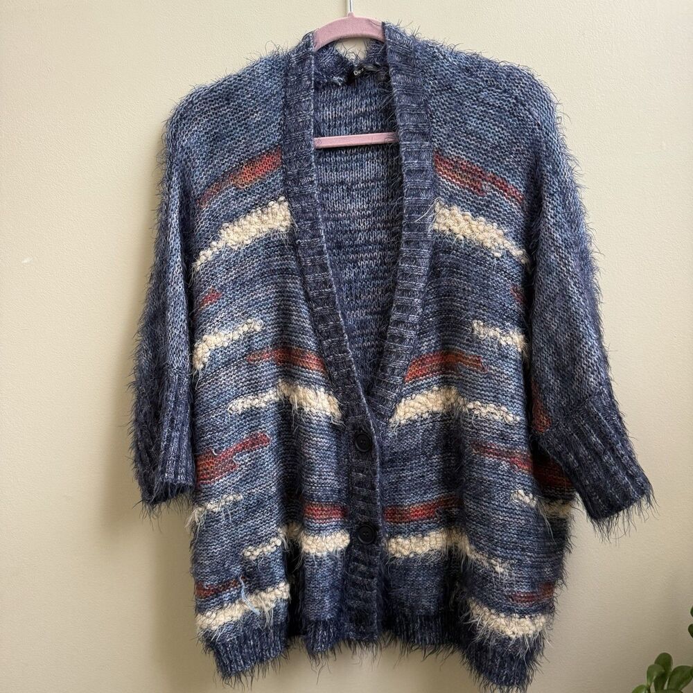 DEX Blue Cardigan Sweater Textured Fuzzy Size Large